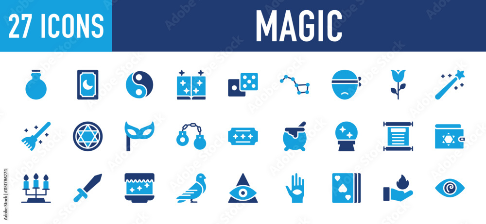 Set of 27 Magic icon. Magic Potion, Magic Book, Magic Cards, Yin Yang, Dice, Constellation, Blind, Flower, Magic Wand, Magic Broom, Star Pentagon, Carnival Mask, Handcuffs, Ticket illustration. Set of 27 Magic icon. Magic Potion, Magic Book, Magic Cards, Yin Yang, Dice, Constellation, Blind, Flower, Magic Wand, Magic Broom, Star Pentagon, Carnival Mask, Handcuffs, Ticket illustration.