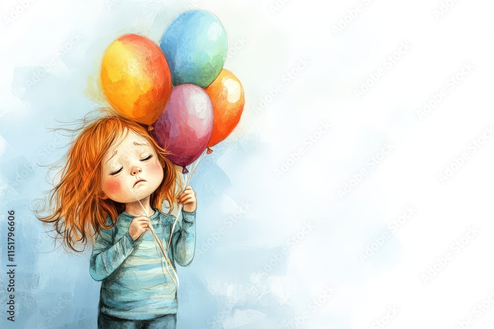 Fototapeta premium Sad Girl Holding Colorful Balloons Feeling Blue
