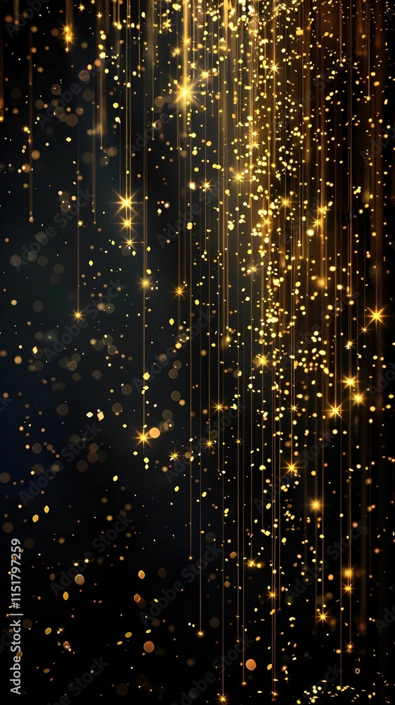 Naklejka premium Sparkling golden lights fall gracefully against a dark background for a festive celebration