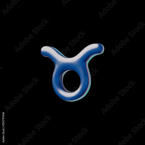 3D Taurus zodiac sign glossy metallic effect, shiny metal alloy horoscope, vector volume astrological symbol blue glare