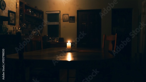 Dark room with faint emergency exit sign glow during power blackout, capturing sudden disruption and eerie stillness with scattered objects faintly visible in dim light.