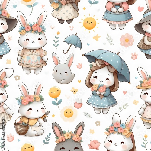 Easter wallpaper. Pattern with cartoon characters on a white background.