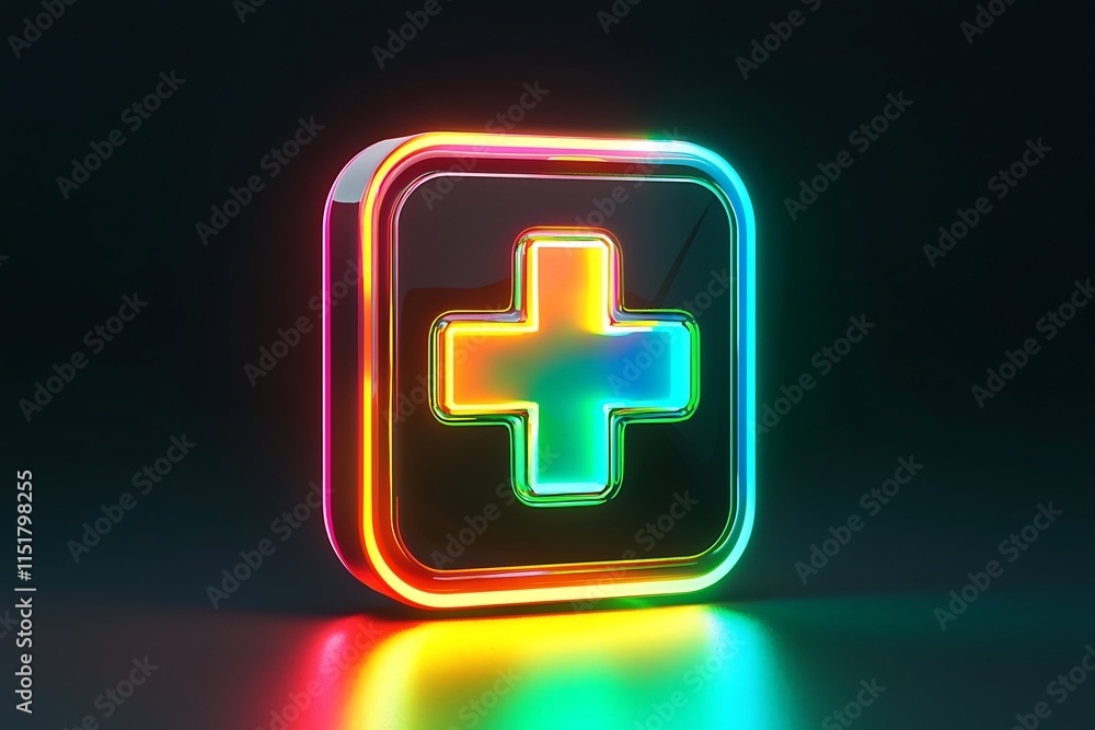 Neon Rainbow Cross in a Glossy Square Icon