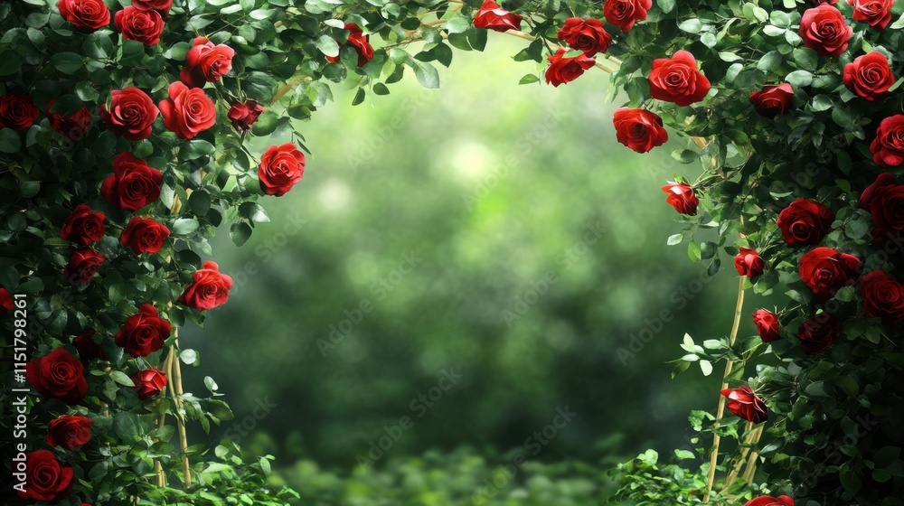 Obraz premium Lush Red Roses Framing a Soft Green Garden Background in Nature