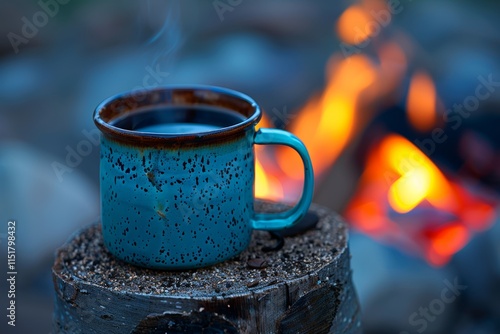 Steaming coffee in a blue enamel mug on an old log beside a campfire in nature s embrace photo