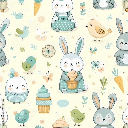 Easter seamless pattern with rabbits and birds.