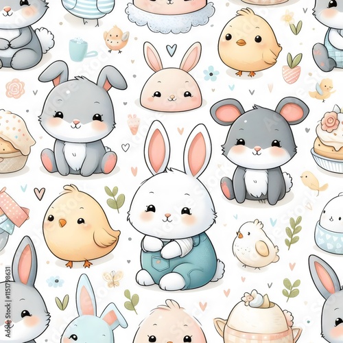 Children's wallpaper. Seamless pattern with rabbits and birds on a white background.