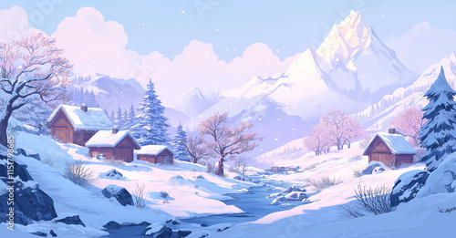 Winter mountain landscape with fir-trees in the foreground with countryside village houses - (or hotel of the ski resort). Rasterillustration. photo