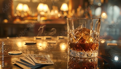 A Glass of Whiskey on a Bar Table