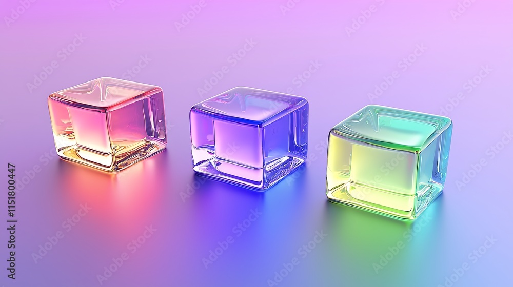 Three iridescent glass cubes on a purple gradient background. Three iridescent glass cubes on a purple gradient background.