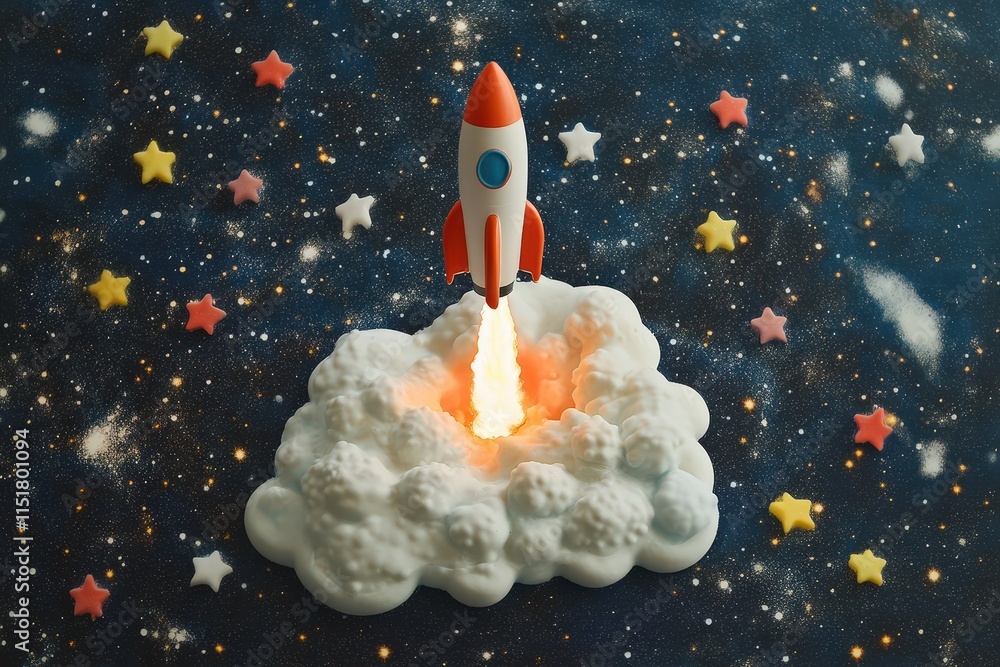Naklejka premium Rocket launching through space amidst colorful stars