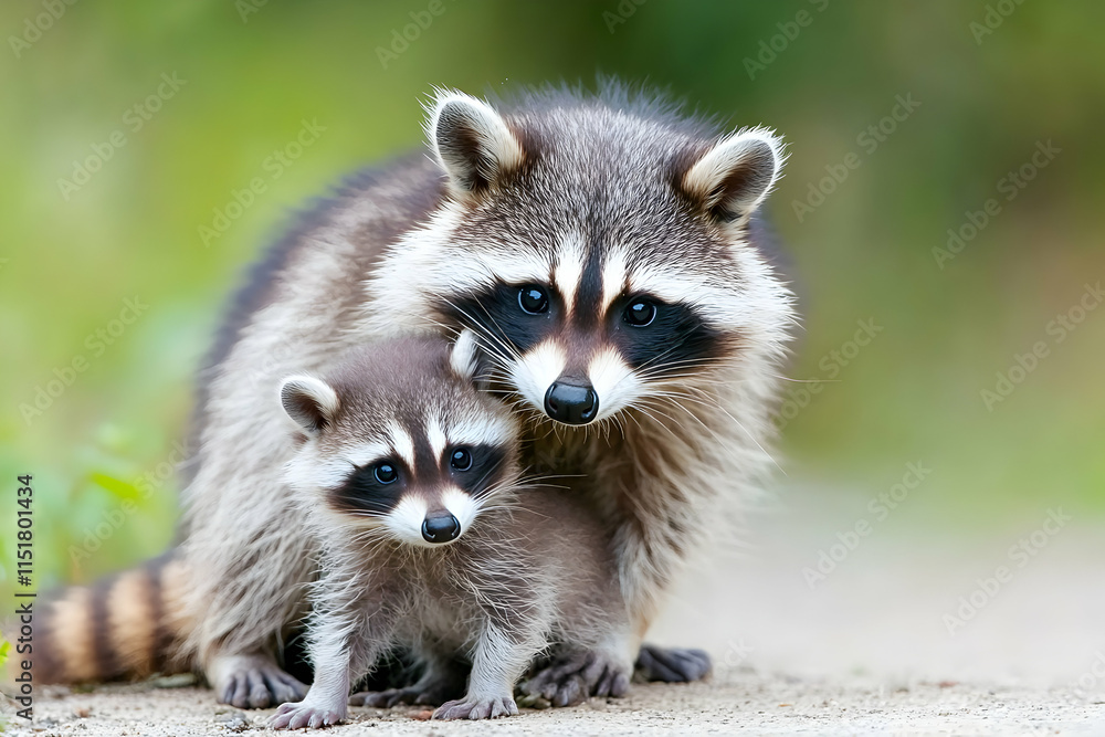 Adorable Raccoon Family, Mother and Kit Together in Nature's Embrace Adorable Raccoon Family, Mother and Kit Together in Nature's Embrace