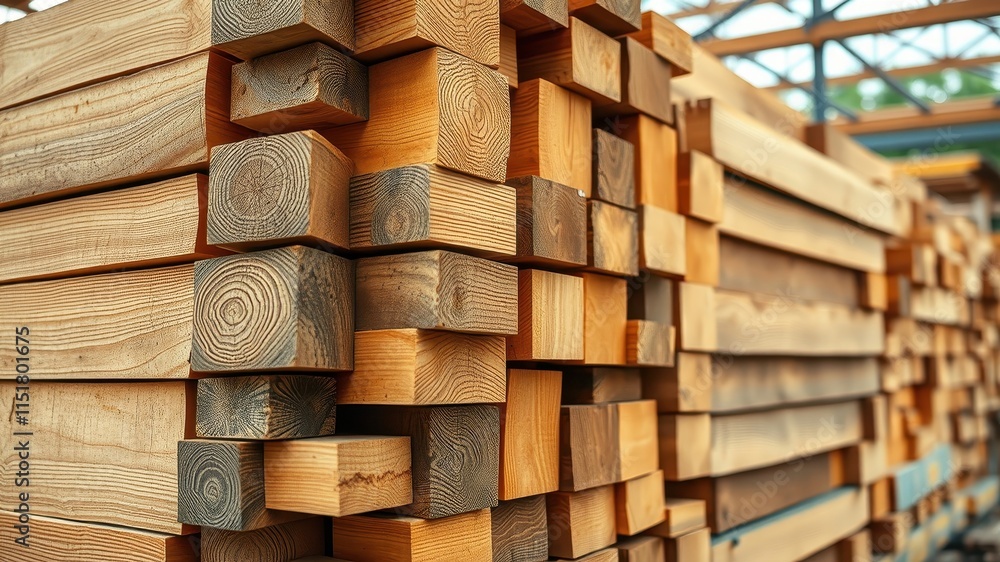 Close-up view of neatly stacked lumber, showcasing the natural wood grain and texture, ideal for construction and carpentry projects Close-up view of neatly stacked lumber, showcasing the natural wood grain and texture, ideal for construction and carpentry projects
