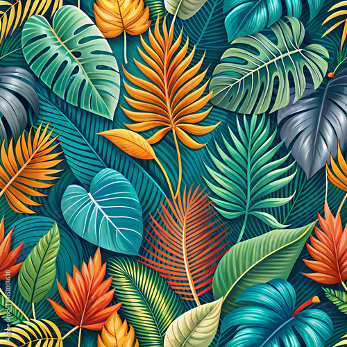 Wallpaper Mural A vibrant seamless pattern of tropical leaves in various shades of green. orange. and red. Torontodigital.ca