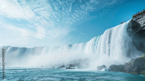 A view of Niagara Falls with a bright blue sky and fluffy white clouds.
