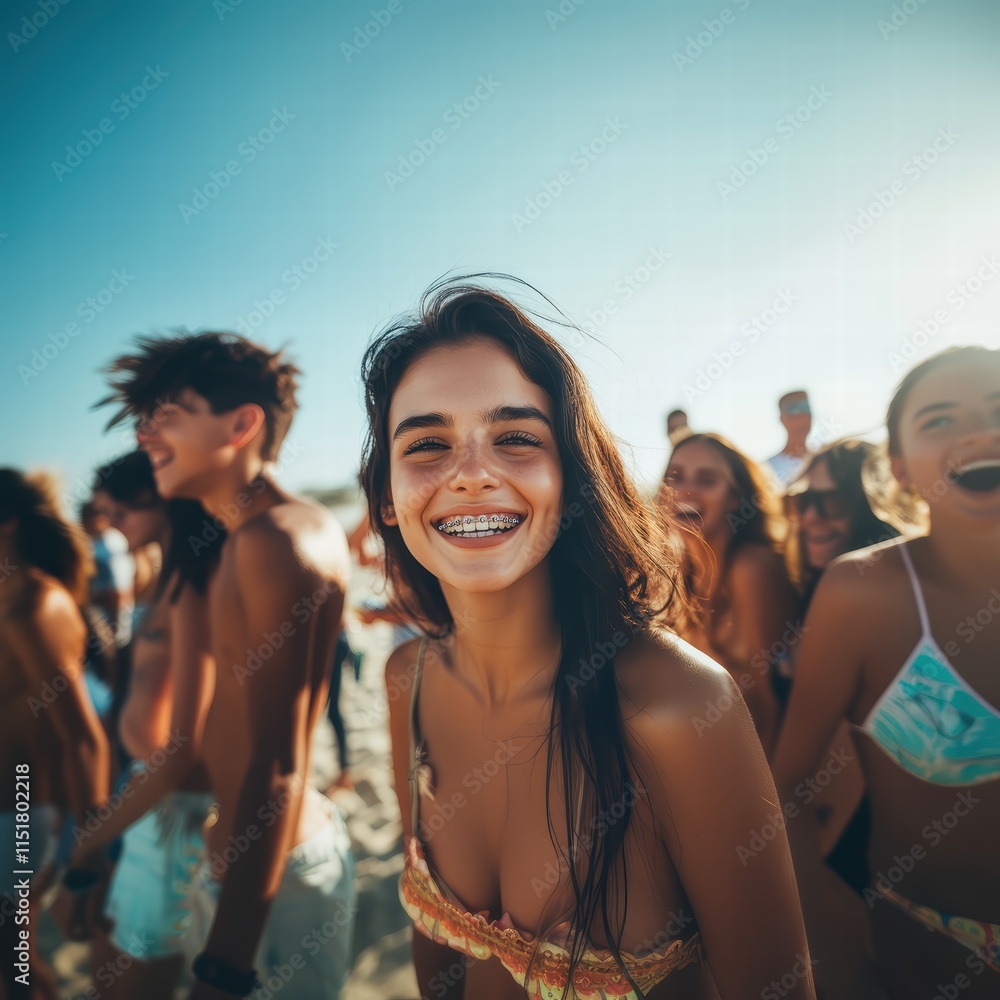 Fototapeta premium A young woman with long hair smiles broadly while enjoying a sunny day at the beach. She is surrounded by friends, all celebrating and having fun in the summer warmth