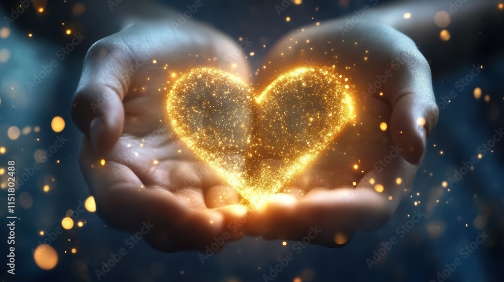 Two hands cradle a shimmering golden heart, radiating warmth and positivity in a peaceful setting. Light sparkles around, enhancing the feeling of affection and hope Two hands cradle a shimmering golden heart, radiating warmth and positivity in a peaceful setting. Light sparkles around, enhancing the feeling of affection and hope