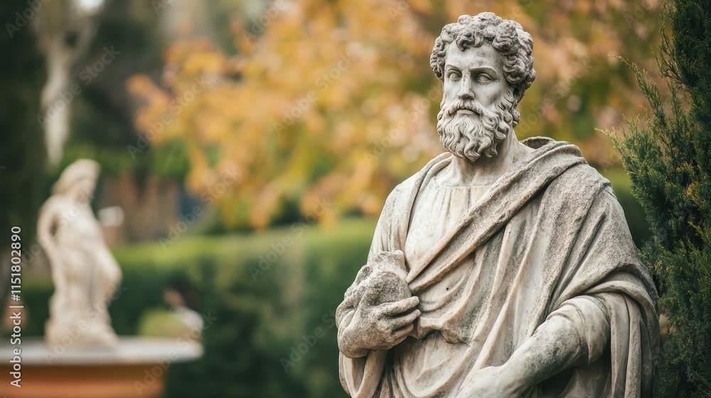 An ancient statue depicting a stoic man stands elegantly amidst vibrant autumn foliage. The serene environment enhances the timelessness of the sculpture, showcasing wisdom and contemplation An ancient statue depicting a stoic man stands elegantly amidst vibrant autumn foliage. The serene environment enhances the timelessness of the sculpture, showcasing wisdom and contemplation