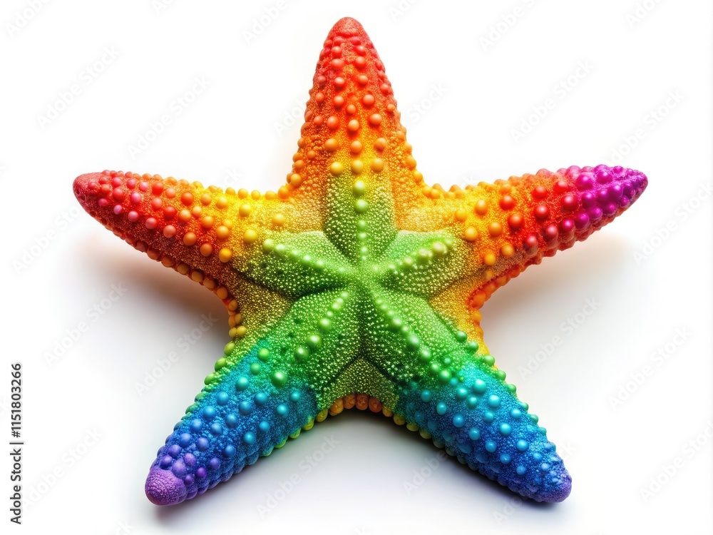 Generative AI creates a breathtaking, colorful rainbow starfish against a pure white backdrop. Generative AI creates a breathtaking, colorful rainbow starfish against a pure white backdrop.