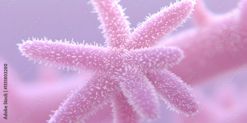 Pink Star-Shaped Microorganism, a Detailed View of its Textured Surface. Revealing intricate details under magnification. Pink Star-Shaped Microorganism, a Detailed View of its Textured Surface. Revealing intricate details under magnification.