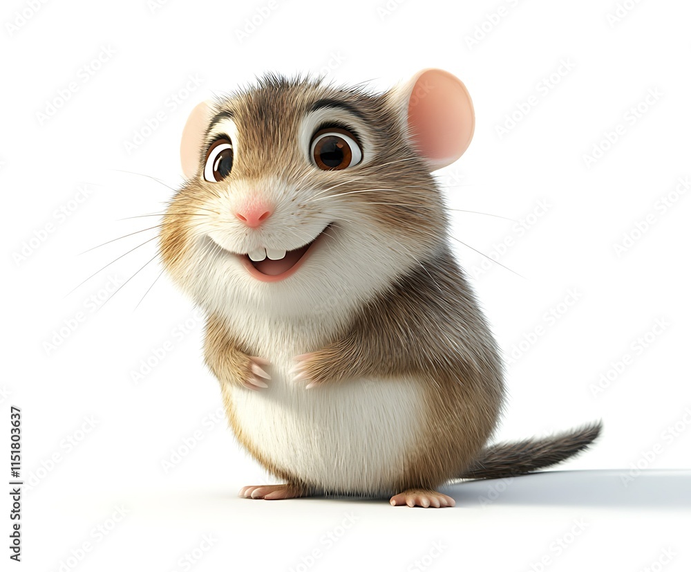 Obraz premium Adorable cartoon mouse with big eyes and a happy expression, isolated on white background.