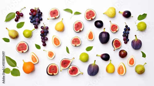 A creative flat-lay of mixed fruits, including figs, plums, and starfruit, with their unique shapes and rich colors contrasting beautifully on a white backdrop photo