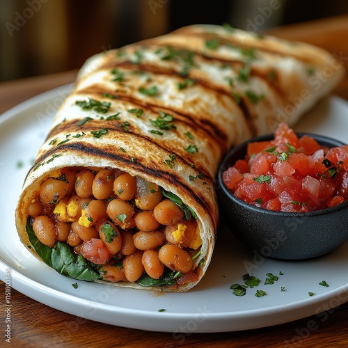 Breakfast wrap filled with scrambled eggs, baked beans, and fresh greens. photo