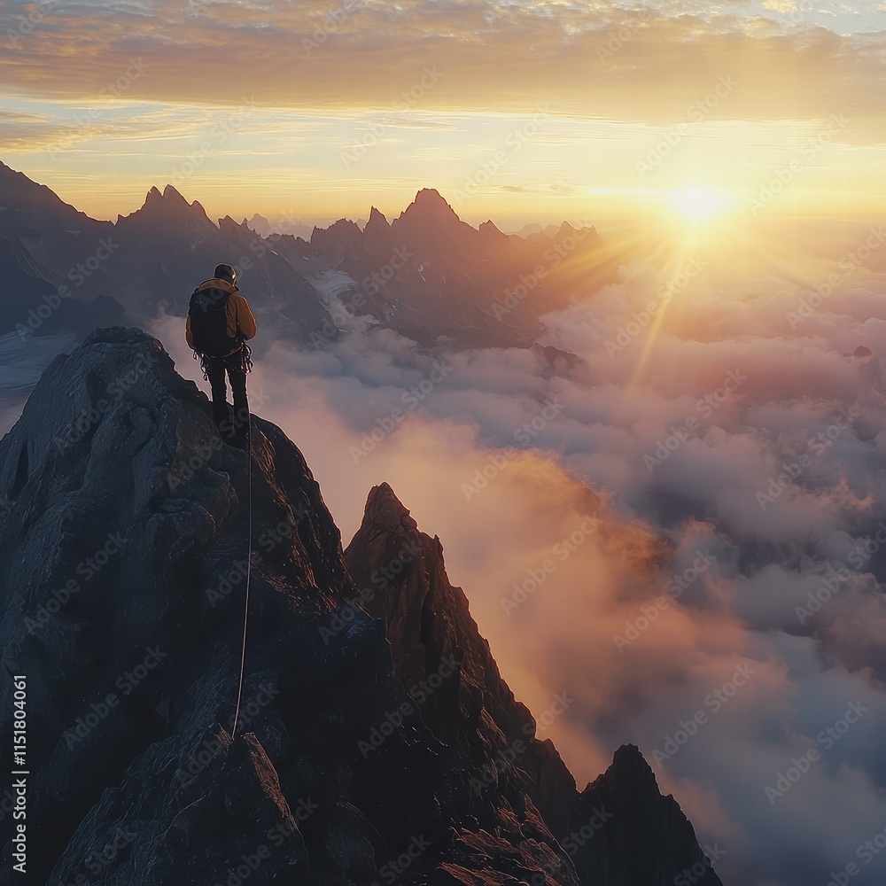 Cinematic drone shot depicts a climber standing on a rocky summit as the sun rises, casting golden light over jagged peaks and a sea of clouds below, creating a breathtaking view Cinematic drone shot depicts a climber standing on a rocky summit as the sun rises, casting golden light over jagged peaks and a sea of clouds below, creating a breathtaking view