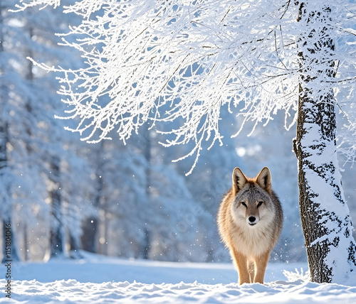 Winter panorama landscape with a snow-covered forest and trees at sunrise. A winter morning marking the beginning of a new day. Winter landscape with sunset, panoramic view photo