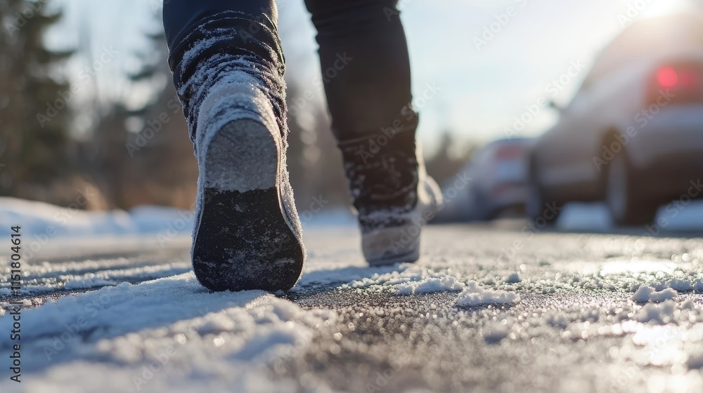 Woman Slipping on a Snow-Covered Road During Winter, Highlighting Dangerously Slippery Conditions on Roads and Sidewalks. Depicts Seasonal Hazards, Safety Risks, and Harsh Weather Challenges Woman Slipping on a Snow-Covered Road During Winter, Highlighting Dangerously Slippery Conditions on Roads and Sidewalks. Depicts Seasonal Hazards, Safety Risks, and Harsh Weather Challenges