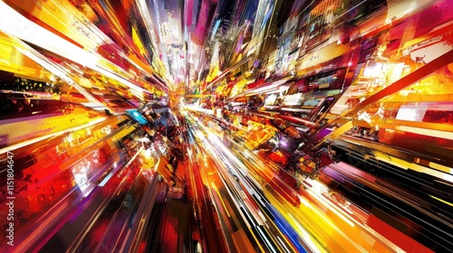 Abstract shapes and neon lights intertwining in a dynamic fusion of 2D and 3D elements