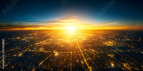 Aerial Cityscape at Sunset, Golden Lights Illuminate Urban Sprawl, Reflecting Civilization's Glow