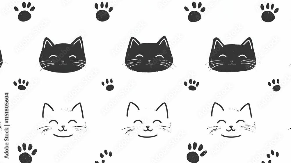 Fototapeta premium Cute Cat Faces & Paw Prints, A Charming Pattern Design