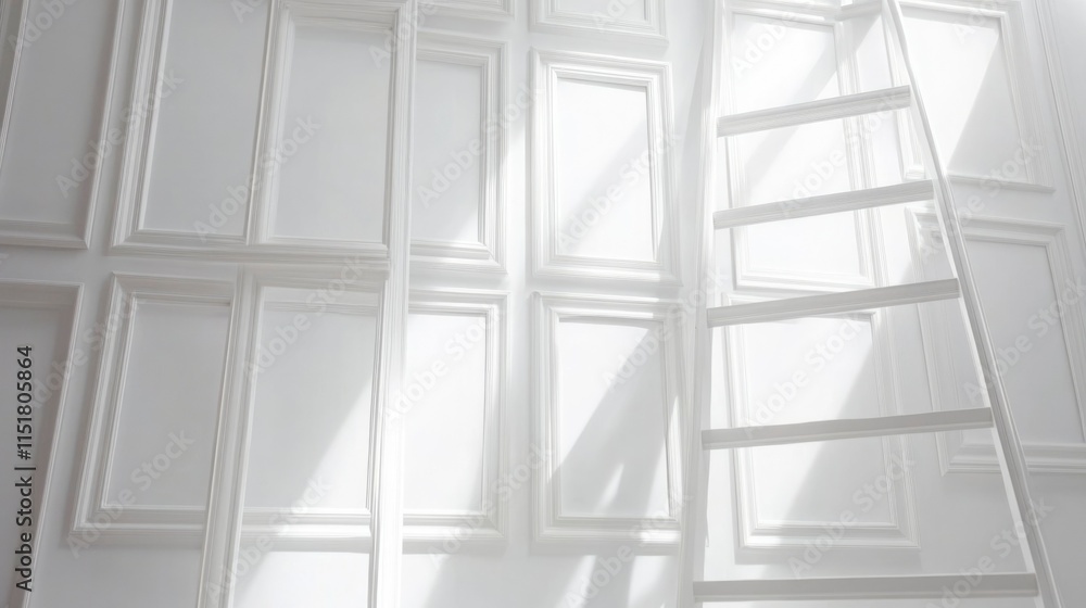 Fototapeta premium White Ladders Lean Against Paneled Wall