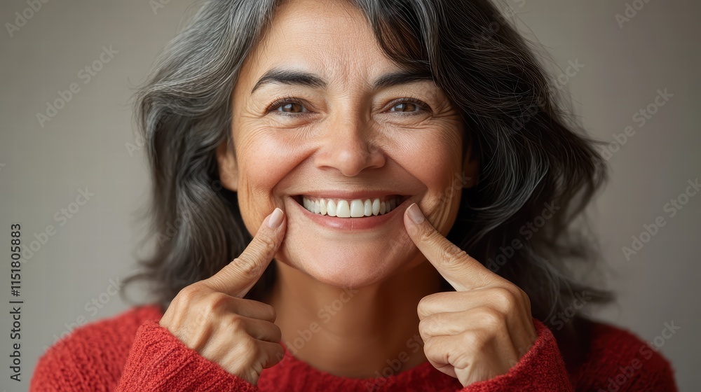 A woman with medium hair smiles brightly while pointing at her teeth. She wears a warm sweater and sits in a softly lit room, radiating positivity and joy A woman with medium hair smiles brightly while pointing at her teeth. She wears a warm sweater and sits in a softly lit room, radiating positivity and joy