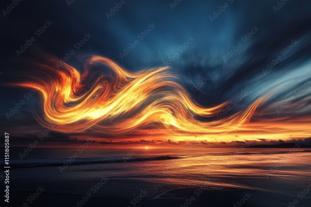 Fototapeta premium Fiery Waves Across Sunset Ocean Sky