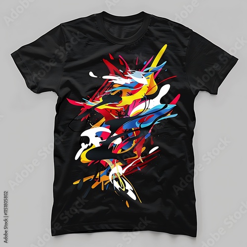 Graffiti-style graphic on a boys' t-shirt, set on a solid black background.