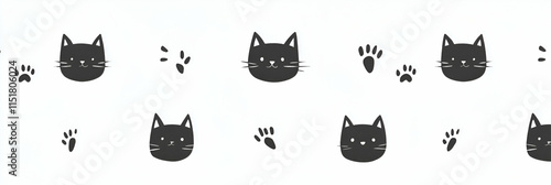 Cute Cat Faces and Paws Seamless Pattern,  Feline Prints Delightfully Decorate Fabrics and Surfaces. photo