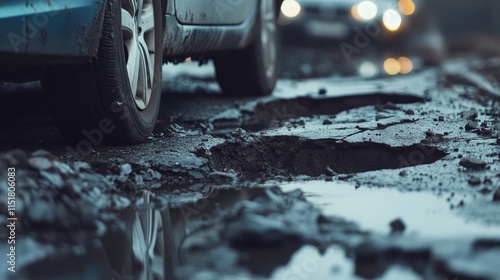 Road in Poor Condition with Potholes and Chuckholes, Driver Moving Slowly to Avoid Damage to Vehicle. Dangerous Driving Conditions and Vehicle Maintenance Concerns on Rough Roads photo