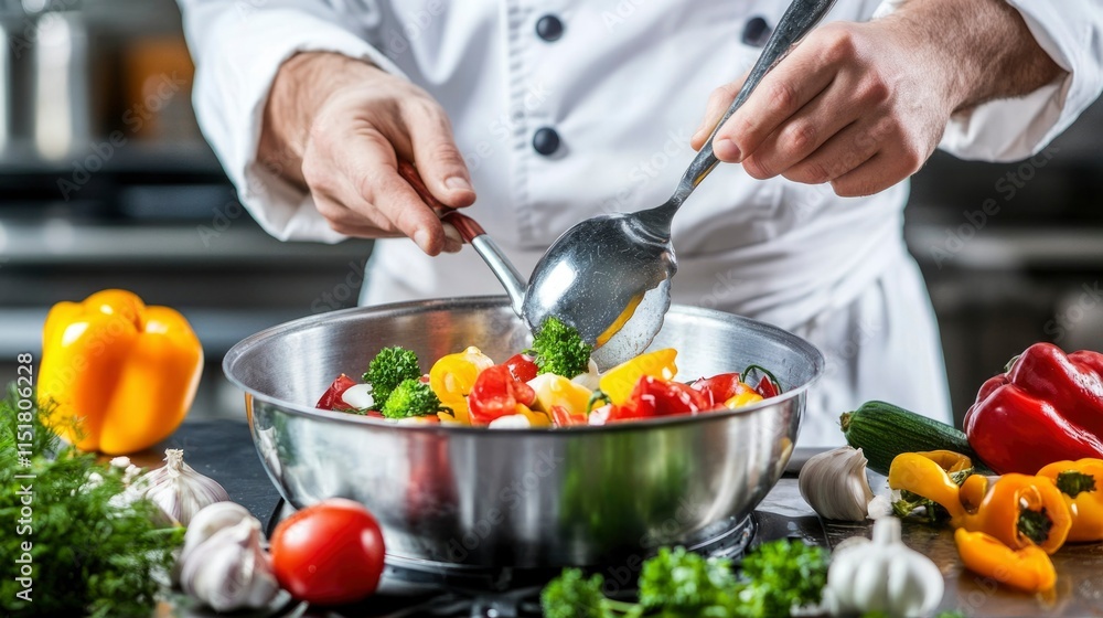 Chef Preparing Colorful Vegetable Medley In Pan Chef Preparing Colorful Vegetable Medley In Pan