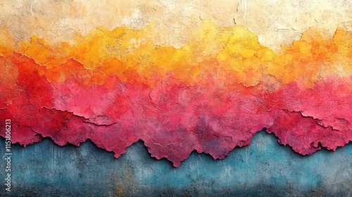 Abstract colorful textured wall art with warm and cool tones.