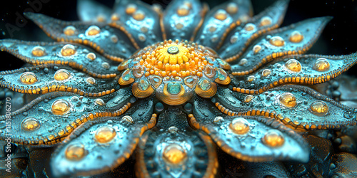 Wallpaper Mural Ornate Aquatic Flower, Detailed Teal & Gold Petals with Luminescent Droplets, Exhibiting Intricate Fractal Design Elements. Torontodigital.ca