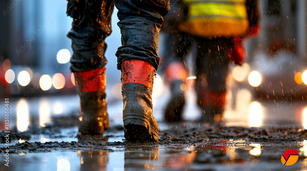 Muddy Boots, Urban Setting, Workers Traverse a Rainy Street, Nighttime Muddy Boots, Urban Setting, Workers Traverse a Rainy Street, Nighttime