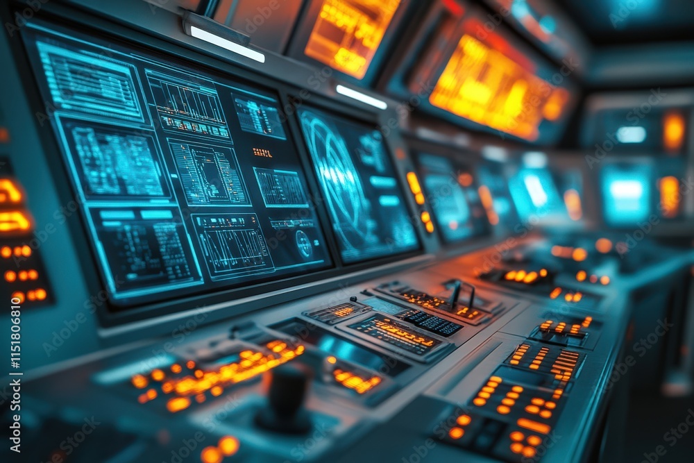 Naklejka premium Futuristic Control Panel With Multiple Screens Displaying Data