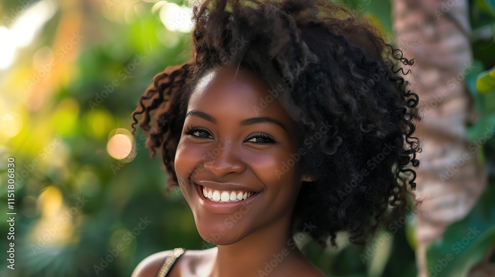 A young woman with curly hair smiles brightly at the camera. A young woman with curly hair smiles brightly at the camera.