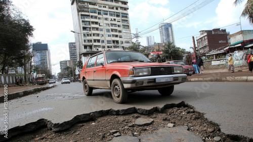 Road in Poor Condition with Potholes and Chuckholes, Driver Moving Slowly to Avoid Damage to Vehicle. Dangerous Driving Conditions and Vehicle Maintenance Concerns on Rough Roads photo