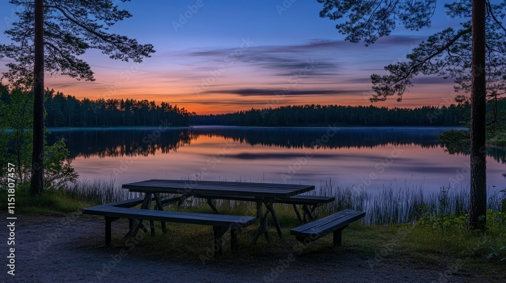 Serene Sunset Lake View Picnic Table Setting Serene Sunset Lake View Picnic Table Setting