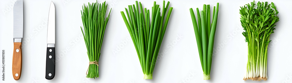 Fototapeta premium Fresh Herbs & Knife, Culinary Ingredients for Cooking, Chopping Green Onions and Chives with Precision and Care.