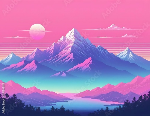 Retro Sunset Over Mountain Peaks in Vibrant Neon Shades photo