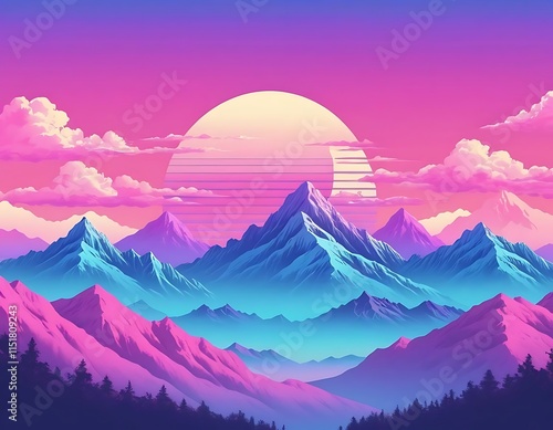 Retro Sunset Over Mountain Peaks in Vibrant Neon Shades photo